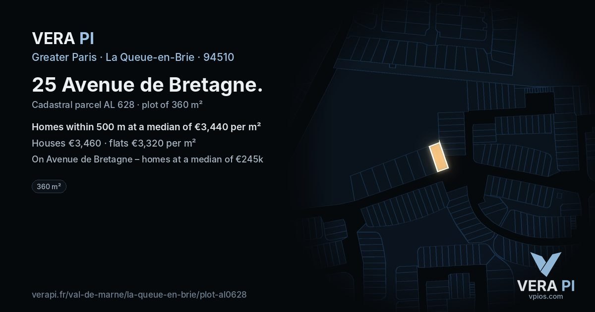 25 Avenue de Bretagne, La Queue-en-Brie at night – the plot lit, the parcels around coloured by the prices near them