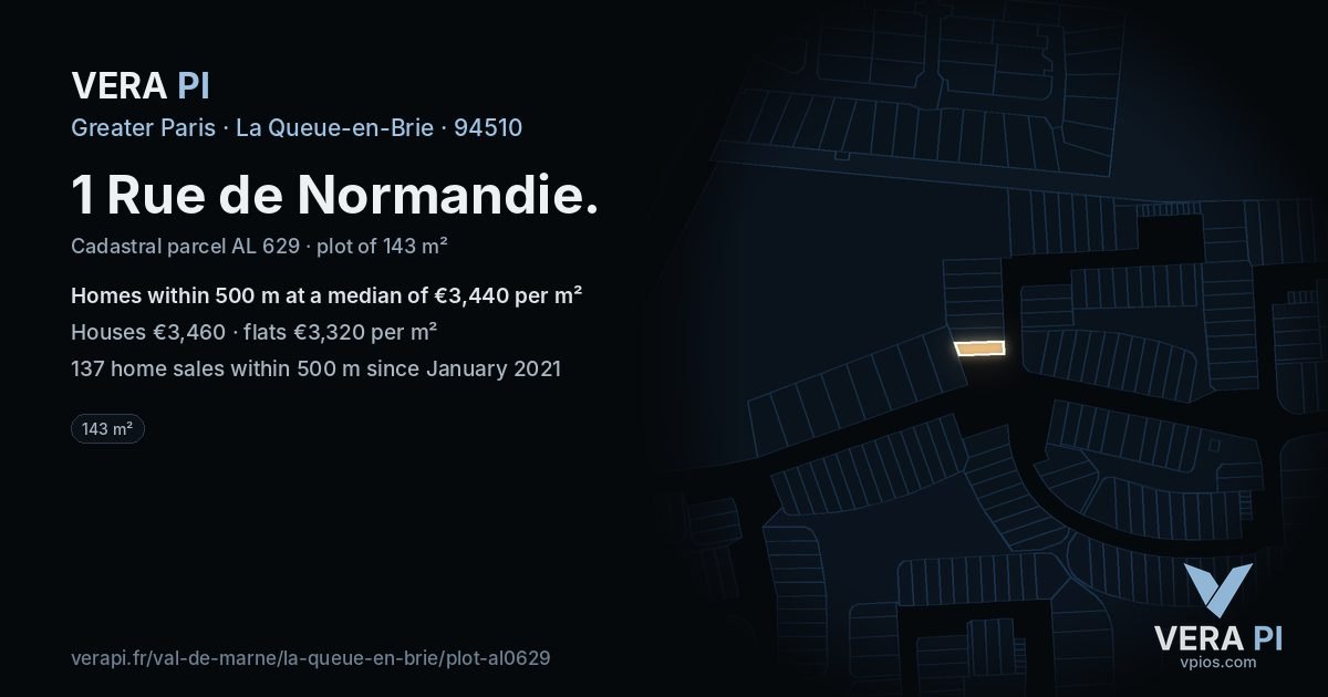 1 Rue de Normandie, La Queue-en-Brie at night – the plot lit, the parcels around coloured by the prices near them