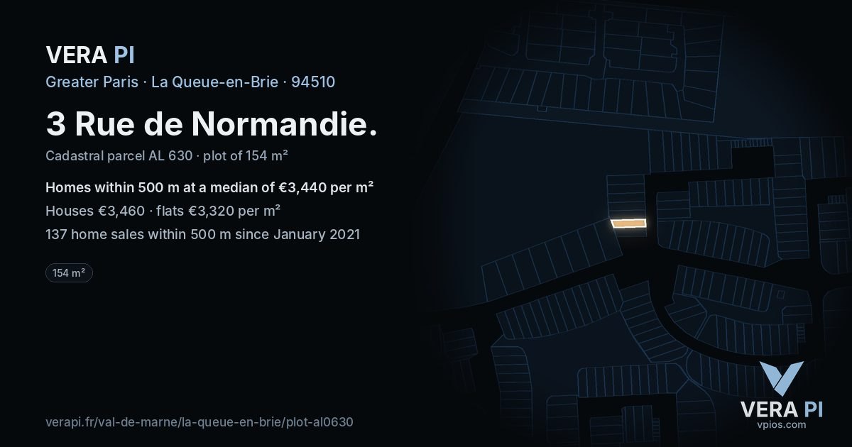 3 Rue de Normandie, La Queue-en-Brie at night – the plot lit, the parcels around coloured by the prices near them