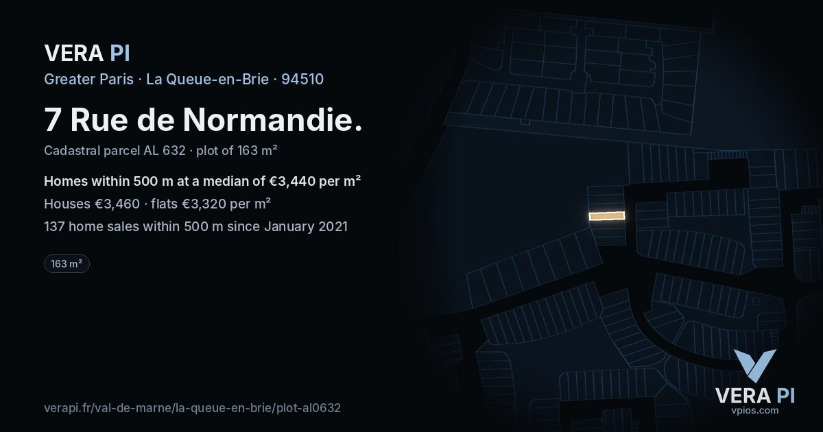 7 Rue de Normandie, La Queue-en-Brie at night – the plot lit, the parcels around coloured by the prices near them