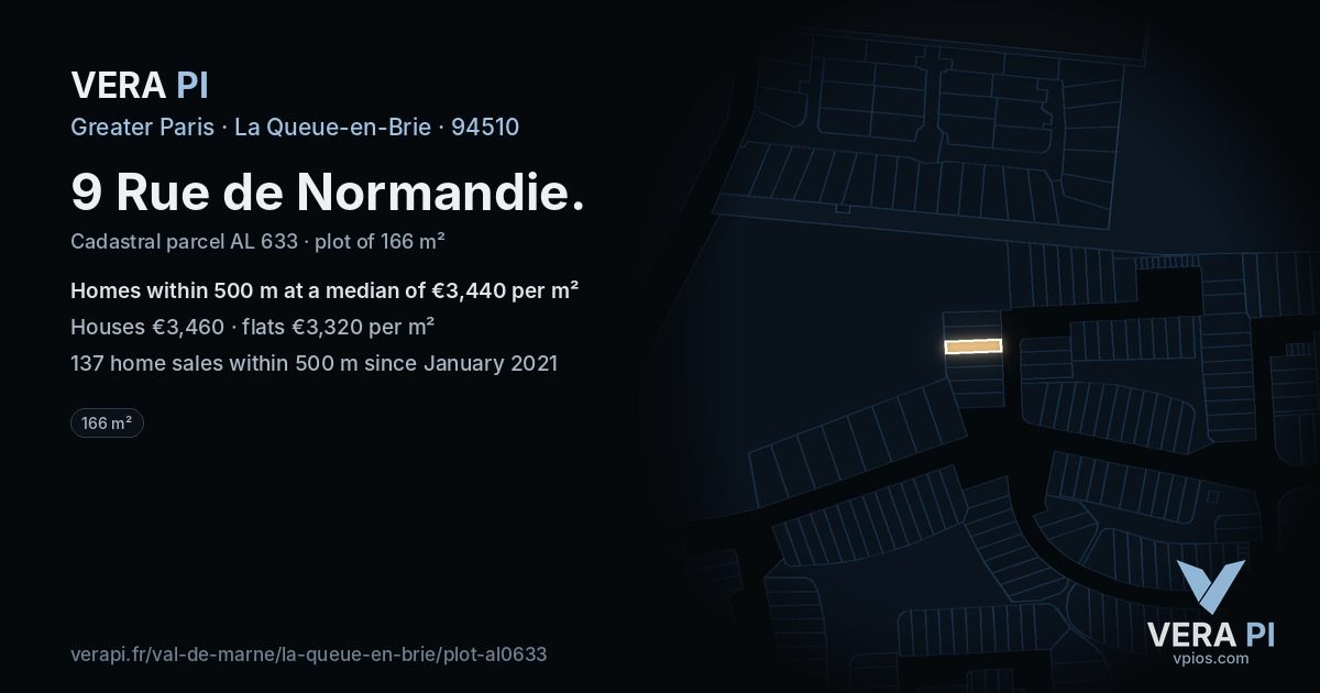 9 Rue de Normandie, La Queue-en-Brie at night – the plot lit, the parcels around coloured by the prices near them