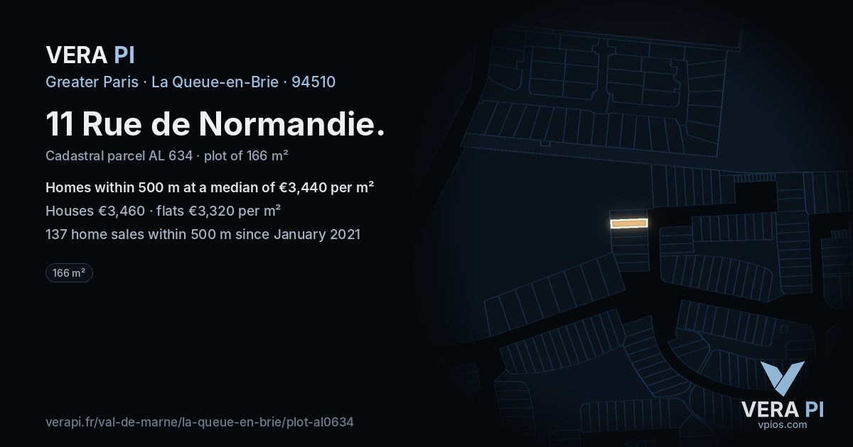 11 Rue de Normandie, La Queue-en-Brie at night – the plot lit, the parcels around coloured by the prices near them