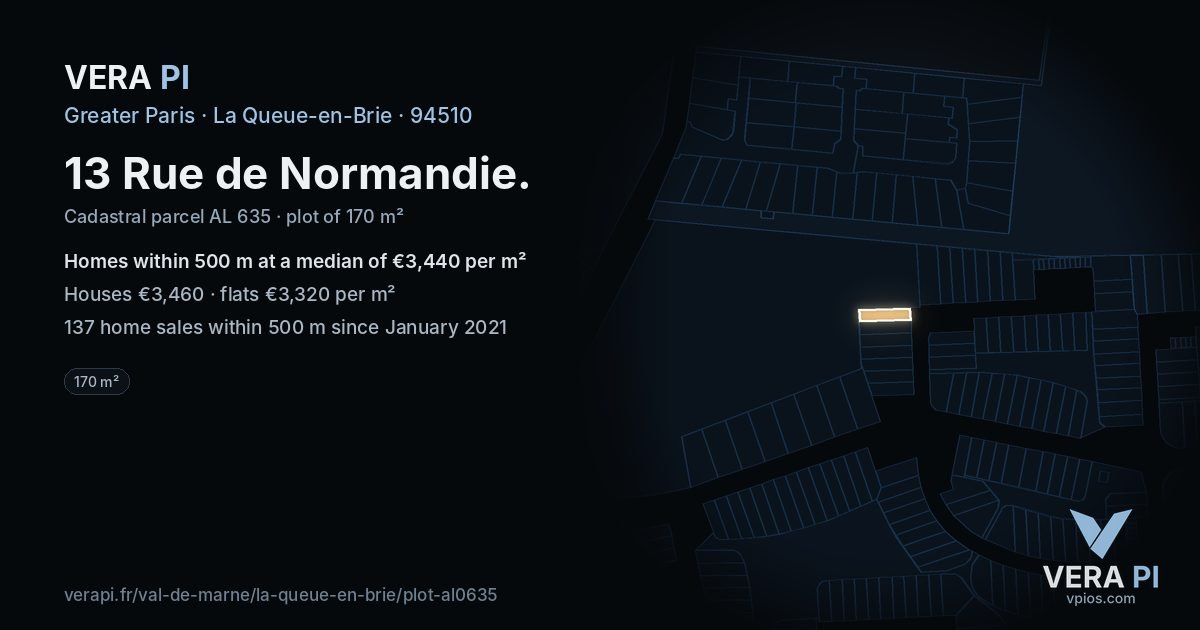 13 Rue de Normandie, La Queue-en-Brie at night – the plot lit, the parcels around coloured by the prices near them