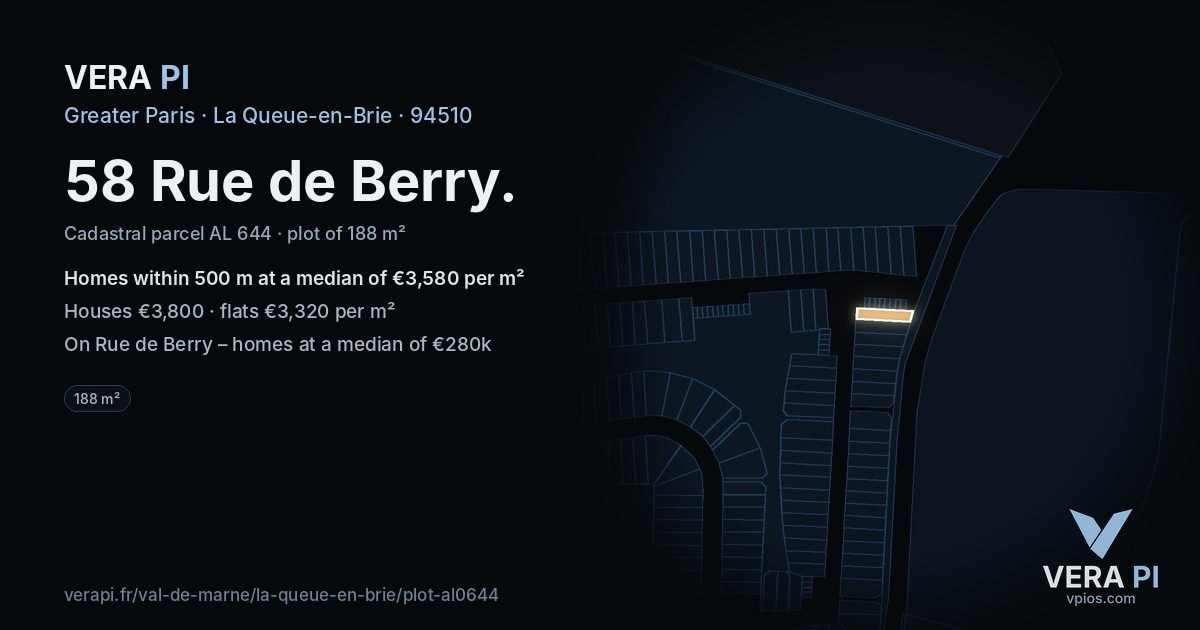 58 Rue de Berry, La Queue-en-Brie at night – the plot lit, the parcels around coloured by the prices near them