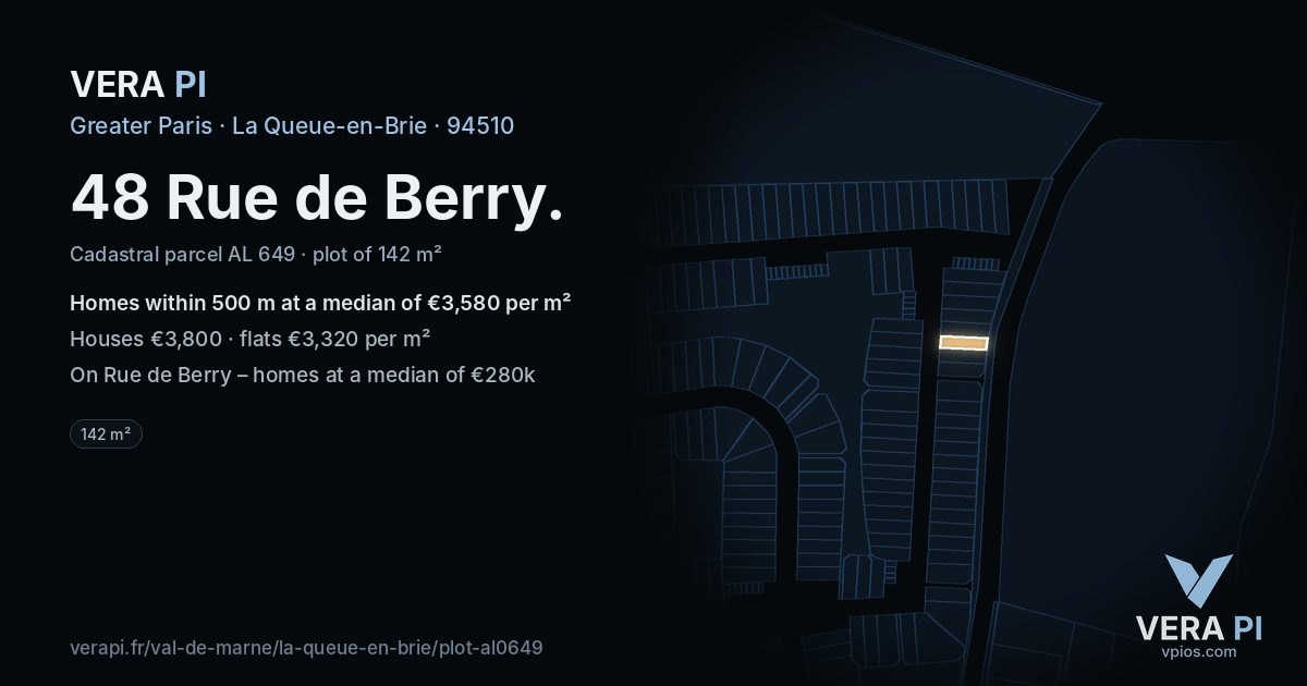 48 Rue de Berry, La Queue-en-Brie at night – the plot lit, the parcels around coloured by the prices near them