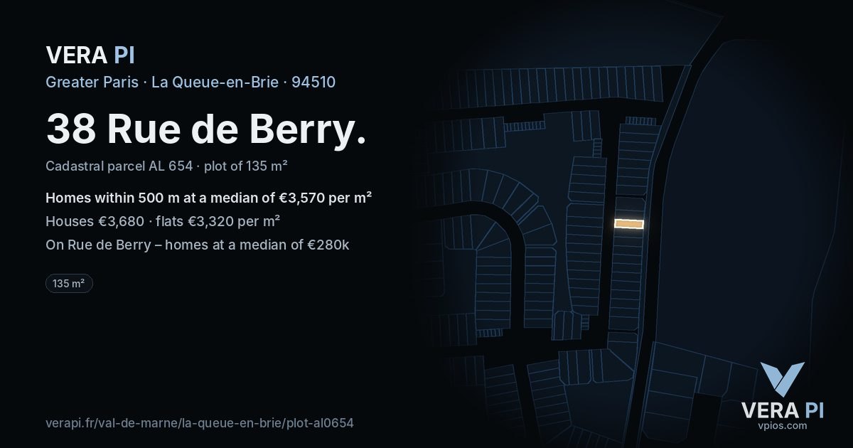 38 Rue de Berry, La Queue-en-Brie at night – the plot lit, the parcels around coloured by the prices near them