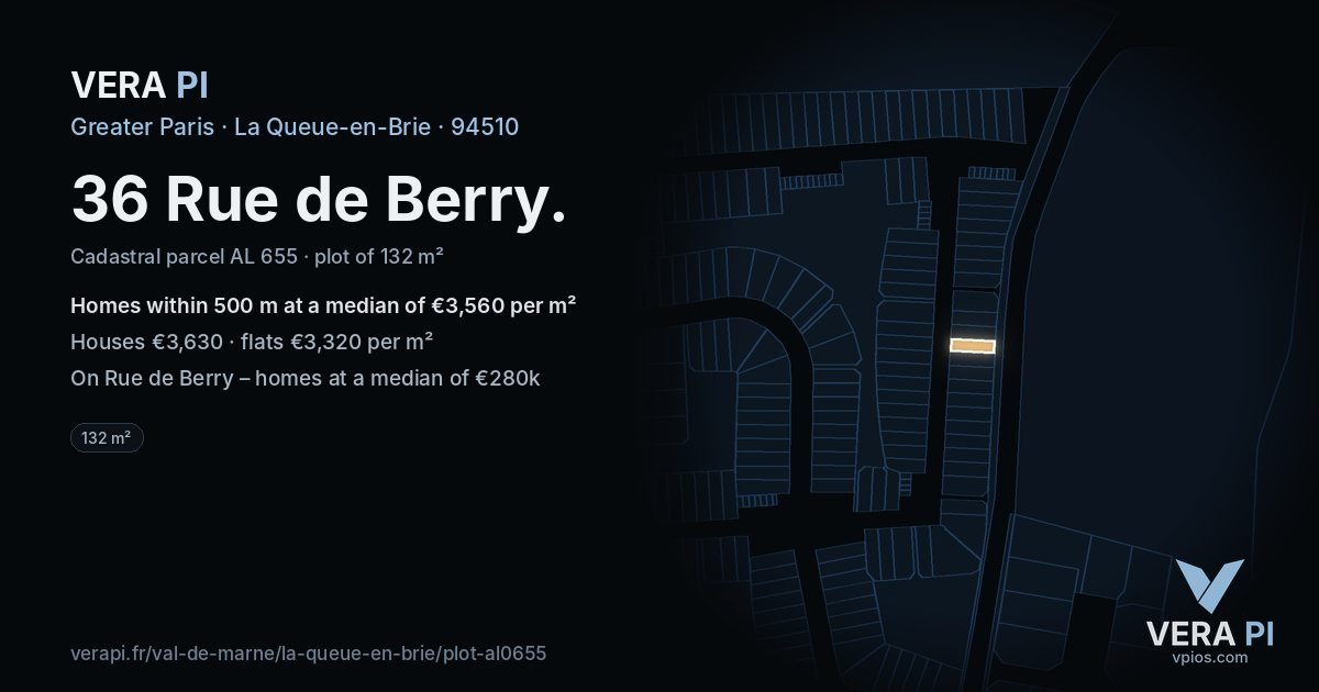 36 Rue de Berry, La Queue-en-Brie at night – the plot lit, the parcels around coloured by the prices near them