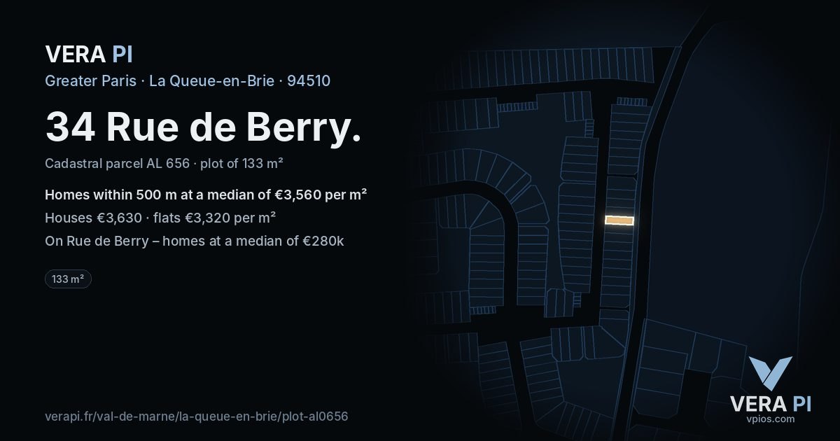 34 Rue de Berry, La Queue-en-Brie at night – the plot lit, the parcels around coloured by the prices near them