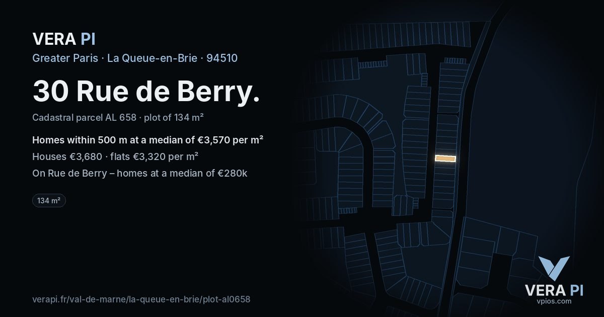 30 Rue de Berry, La Queue-en-Brie at night – the plot lit, the parcels around coloured by the prices near them