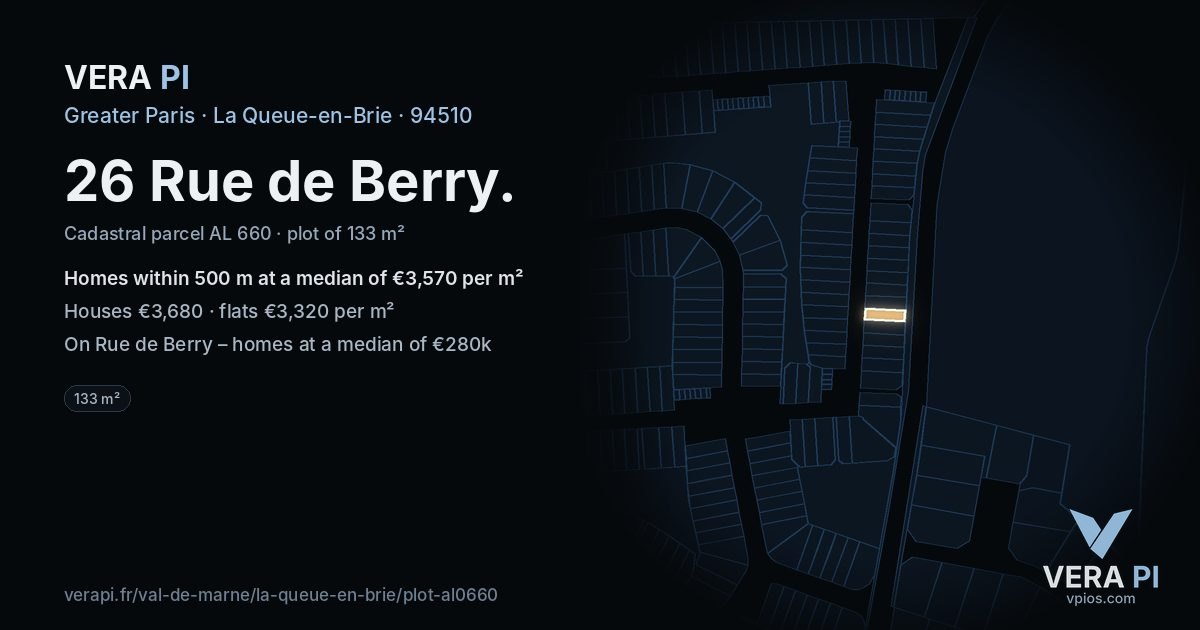 26 Rue de Berry, La Queue-en-Brie at night – the plot lit, the parcels around coloured by the prices near them