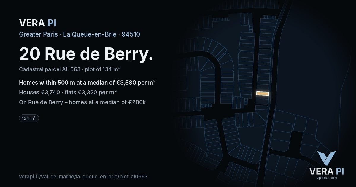 20 Rue de Berry, La Queue-en-Brie at night – the plot lit, the parcels around coloured by the prices near them