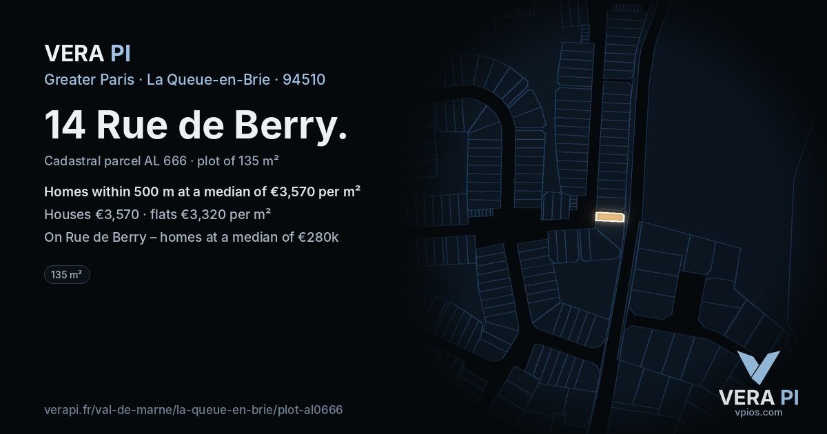 14 Rue de Berry, La Queue-en-Brie at night – the plot lit, the parcels around coloured by the prices near them