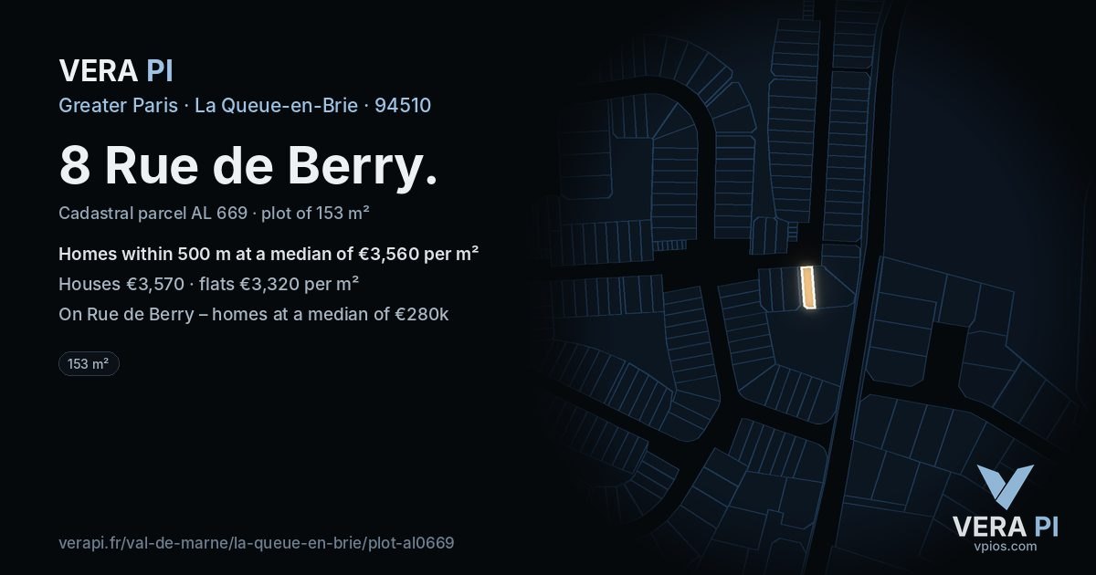 8 Rue de Berry, La Queue-en-Brie at night – the plot lit, the parcels around coloured by the prices near them