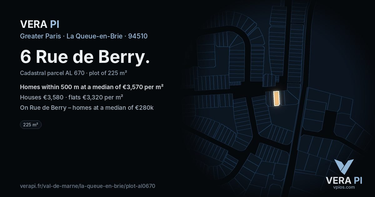 6 Rue de Berry, La Queue-en-Brie at night – the plot lit, the parcels around coloured by the prices near them