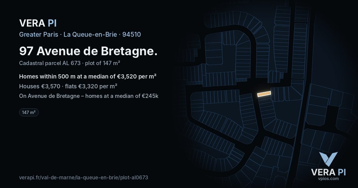 97 Avenue de Bretagne, La Queue-en-Brie at night – the plot lit, the parcels around coloured by the prices near them