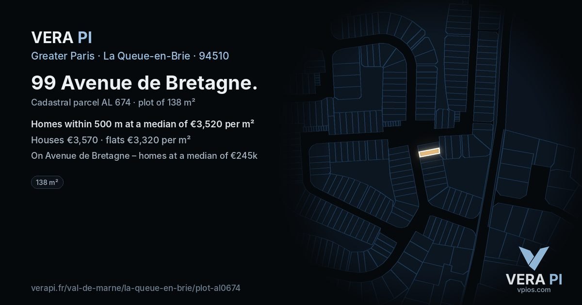 99 Avenue de Bretagne, La Queue-en-Brie at night – the plot lit, the parcels around coloured by the prices near them
