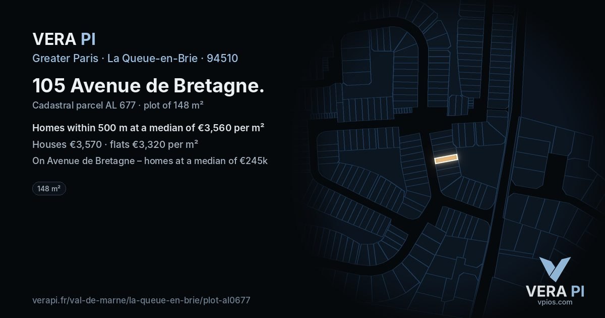 105 Avenue de Bretagne, La Queue-en-Brie at night – the plot lit, the parcels around coloured by the prices near them