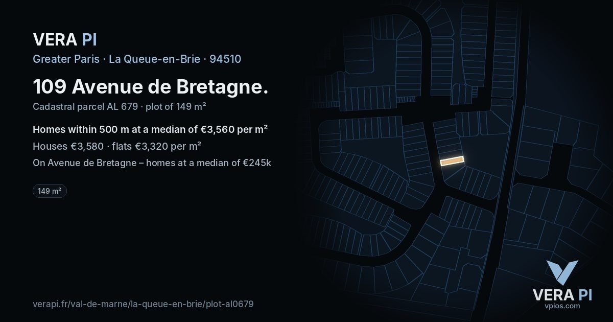 109 Avenue de Bretagne, La Queue-en-Brie at night – the plot lit, the parcels around coloured by the prices near them