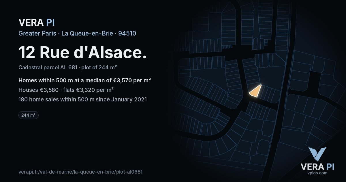 12 Rue d'Alsace, La Queue-en-Brie at night – the plot lit, the parcels around coloured by the prices near them