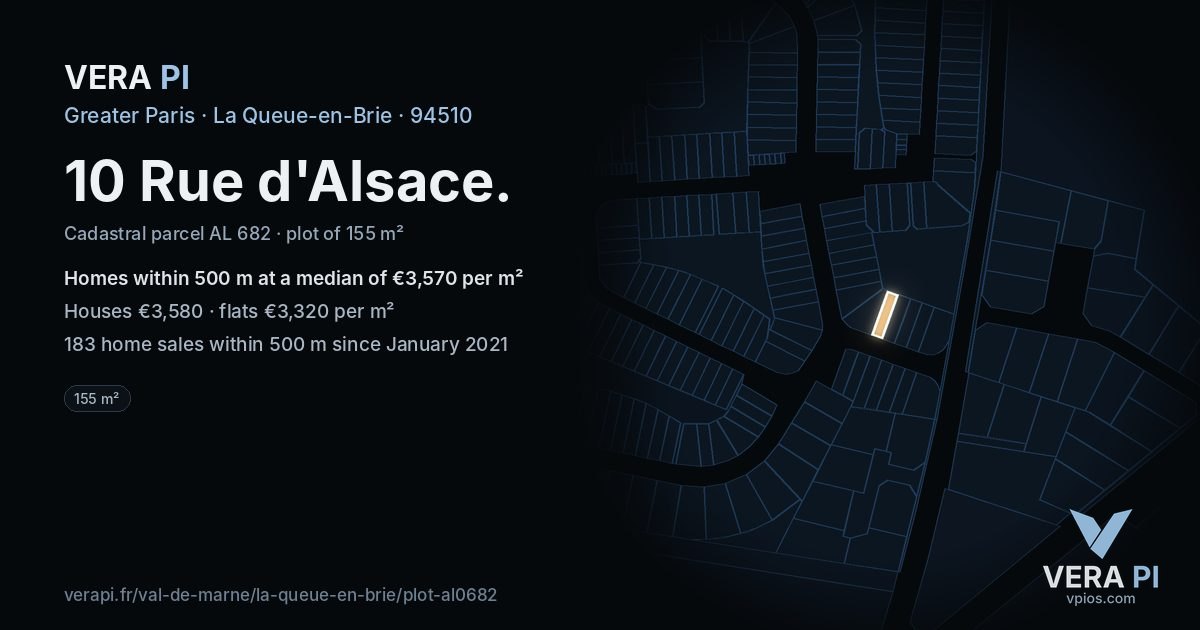 10 Rue d'Alsace, La Queue-en-Brie at night – the plot lit, the parcels around coloured by the prices near them