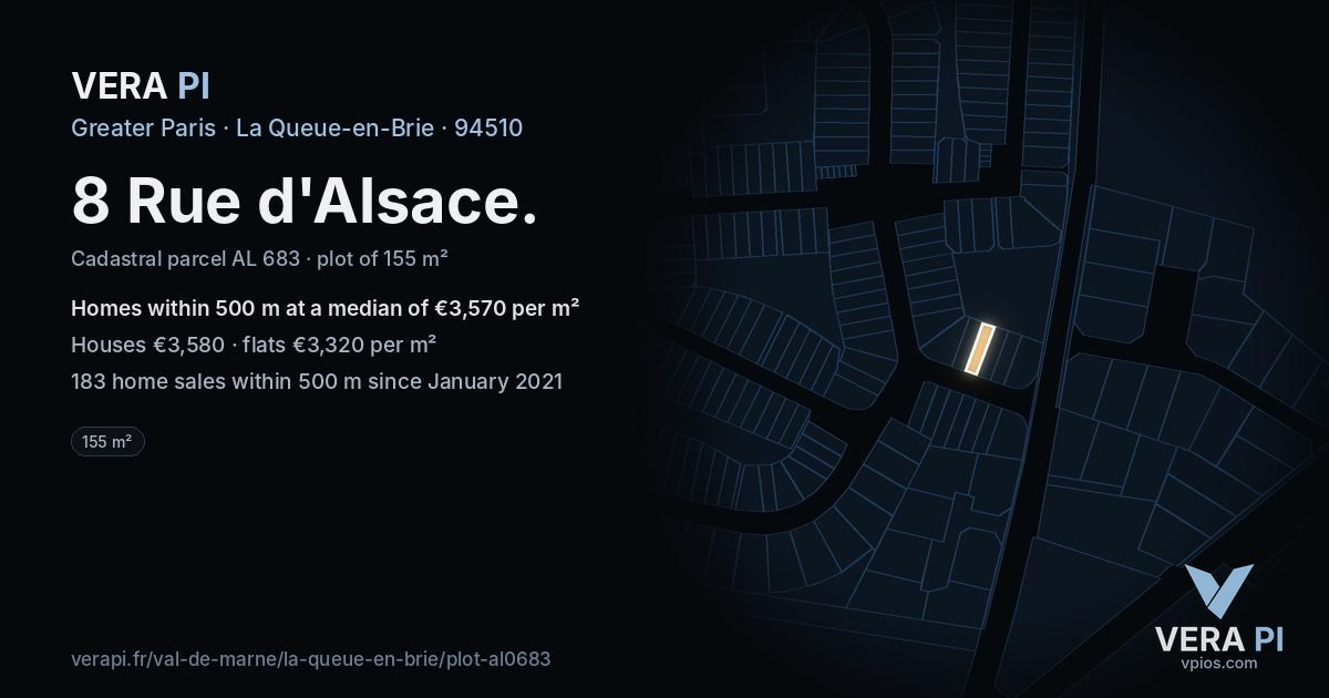 8 Rue d'Alsace, La Queue-en-Brie at night – the plot lit, the parcels around coloured by the prices near them