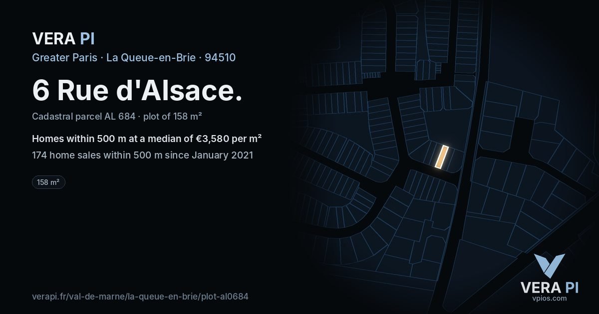 6 Rue d'Alsace, La Queue-en-Brie at night – the plot lit, the parcels around coloured by the prices near them
