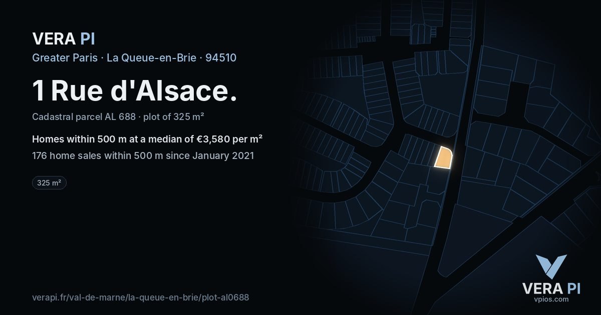 1 Rue d'Alsace, La Queue-en-Brie at night – the plot lit, the parcels around coloured by the prices near them
