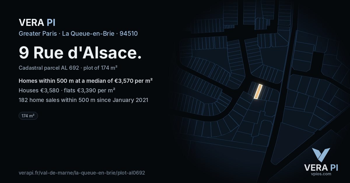 9 Rue d'Alsace, La Queue-en-Brie at night – the plot lit, the parcels around coloured by the prices near them
