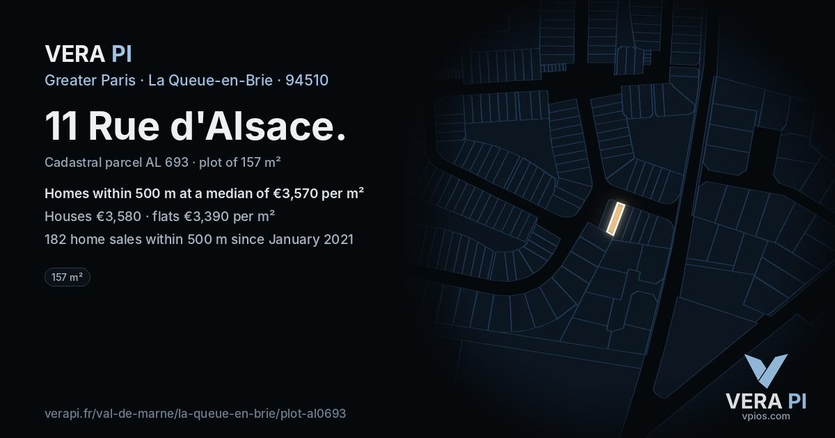11 Rue d'Alsace, La Queue-en-Brie at night – the plot lit, the parcels around coloured by the prices near them