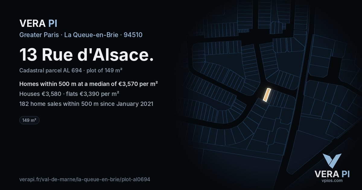 13 Rue d'Alsace, La Queue-en-Brie at night – the plot lit, the parcels around coloured by the prices near them