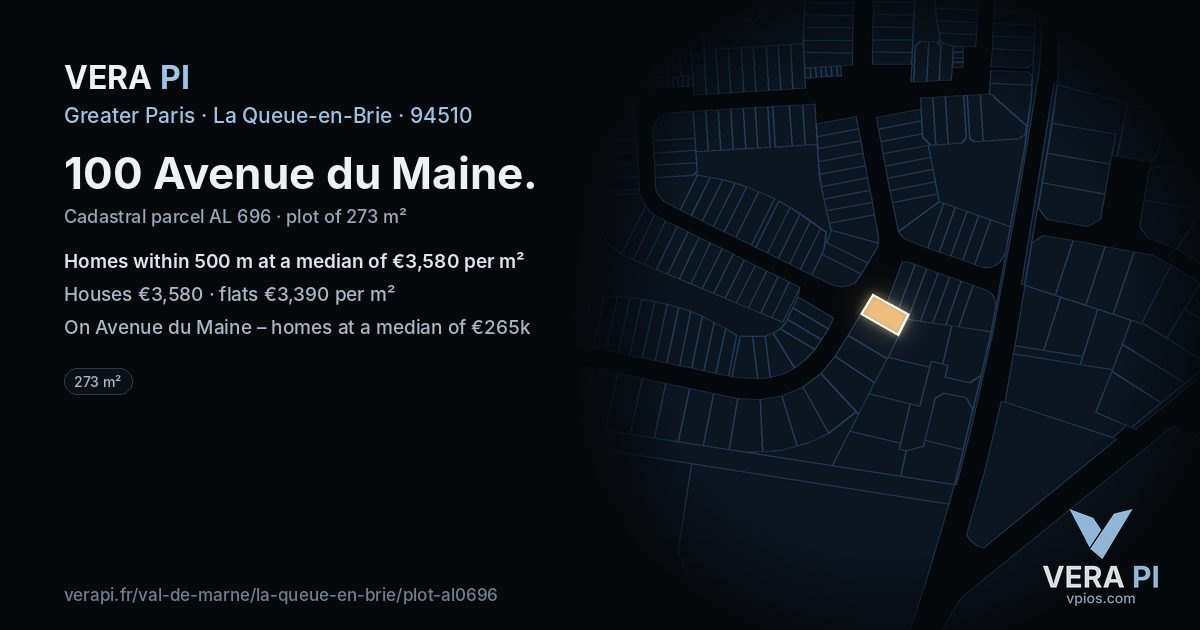 100 Avenue du Maine, La Queue-en-Brie at night – the plot lit, the parcels around coloured by the prices near them
