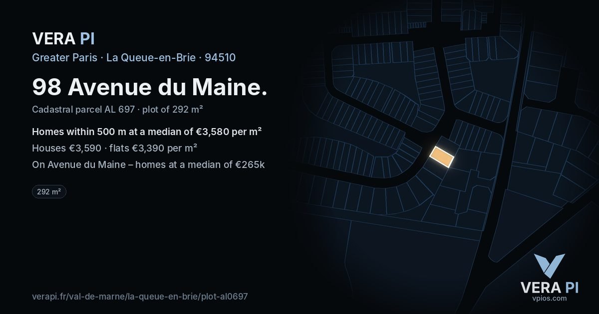 98 Avenue du Maine, La Queue-en-Brie at night – the plot lit, the parcels around coloured by the prices near them