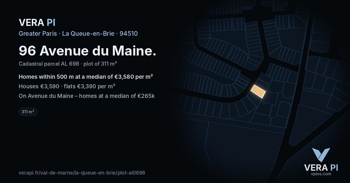 96 Avenue du Maine, La Queue-en-Brie at night – the plot lit, the parcels around coloured by the prices near them