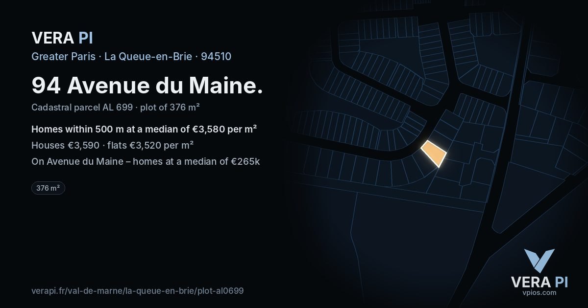 94 Avenue du Maine, La Queue-en-Brie at night – the plot lit, the parcels around coloured by the prices near them