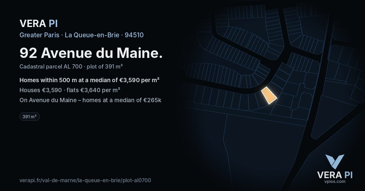 92 Avenue du Maine, La Queue-en-Brie at night – the plot lit, the parcels around coloured by the prices near them