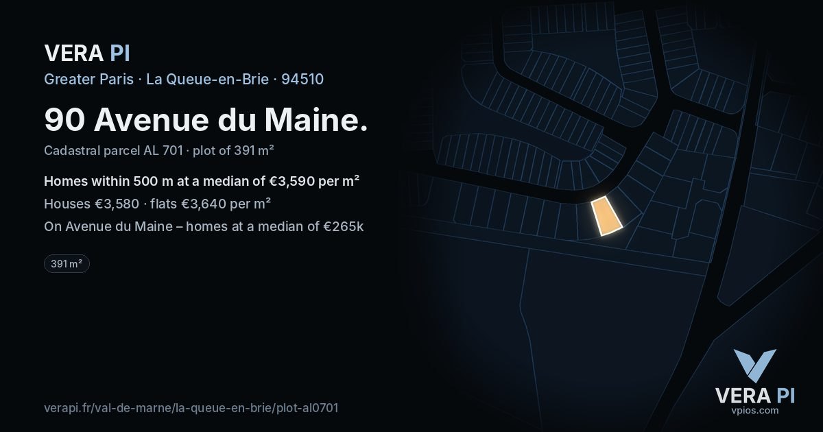 90 Avenue du Maine, La Queue-en-Brie at night – the plot lit, the parcels around coloured by the prices near them