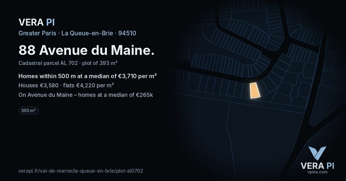 88 Avenue du Maine, La Queue-en-Brie at night – the plot lit, the parcels around coloured by the prices near them