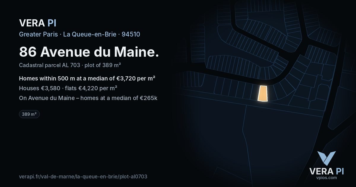 86 Avenue du Maine, La Queue-en-Brie at night – the plot lit, the parcels around coloured by the prices near them