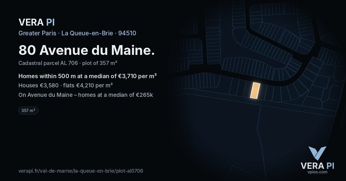80 Avenue du Maine, La Queue-en-Brie at night – the plot lit, the parcels around coloured by the prices near them