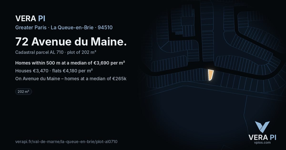 72 Avenue du Maine, La Queue-en-Brie at night – the plot lit, the parcels around coloured by the prices near them