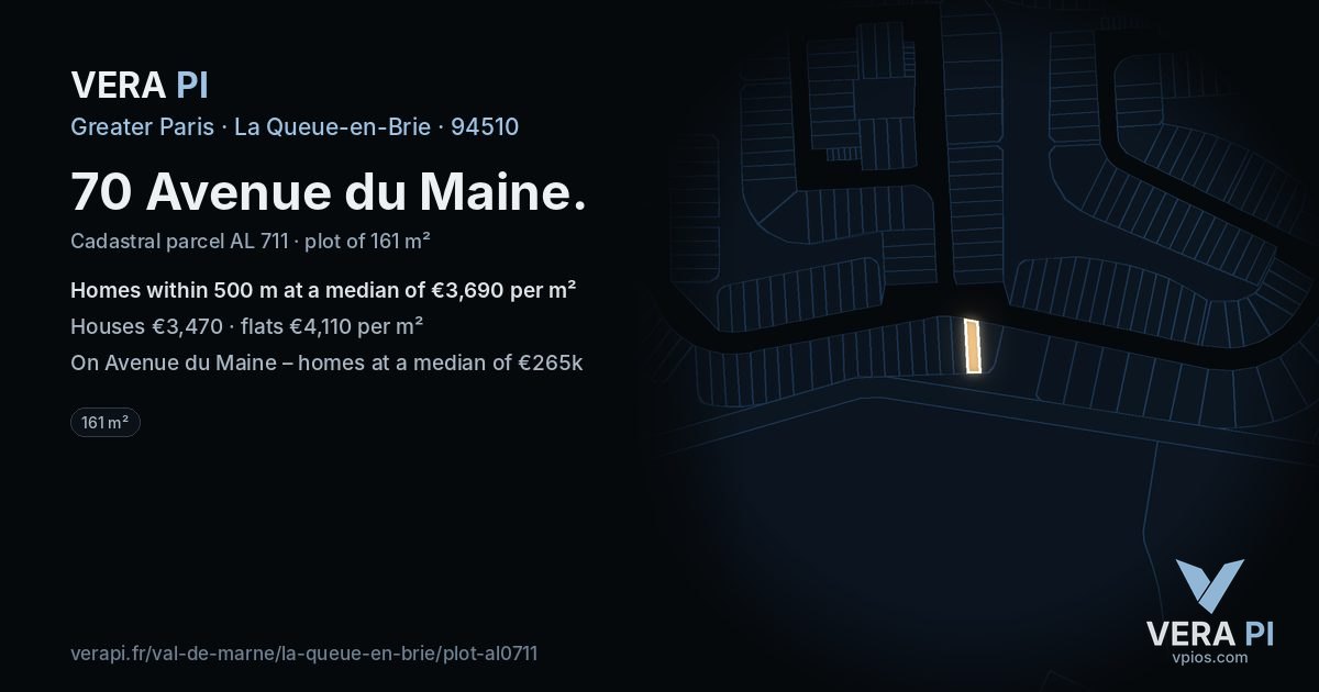 70 Avenue du Maine, La Queue-en-Brie at night – the plot lit, the parcels around coloured by the prices near them