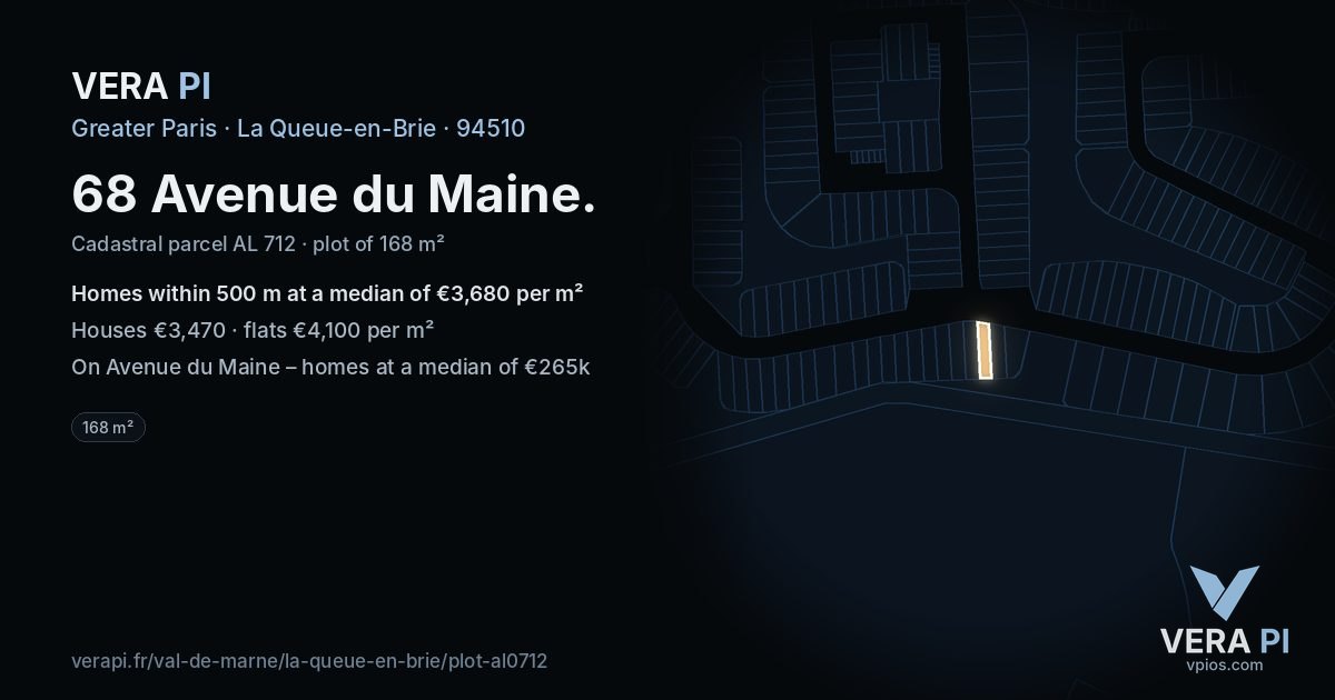 68 Avenue du Maine, La Queue-en-Brie at night – the plot lit, the parcels around coloured by the prices near them