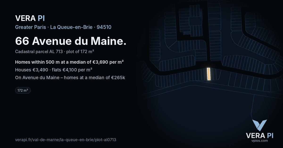 66 Avenue du Maine, La Queue-en-Brie at night – the plot lit, the parcels around coloured by the prices near them