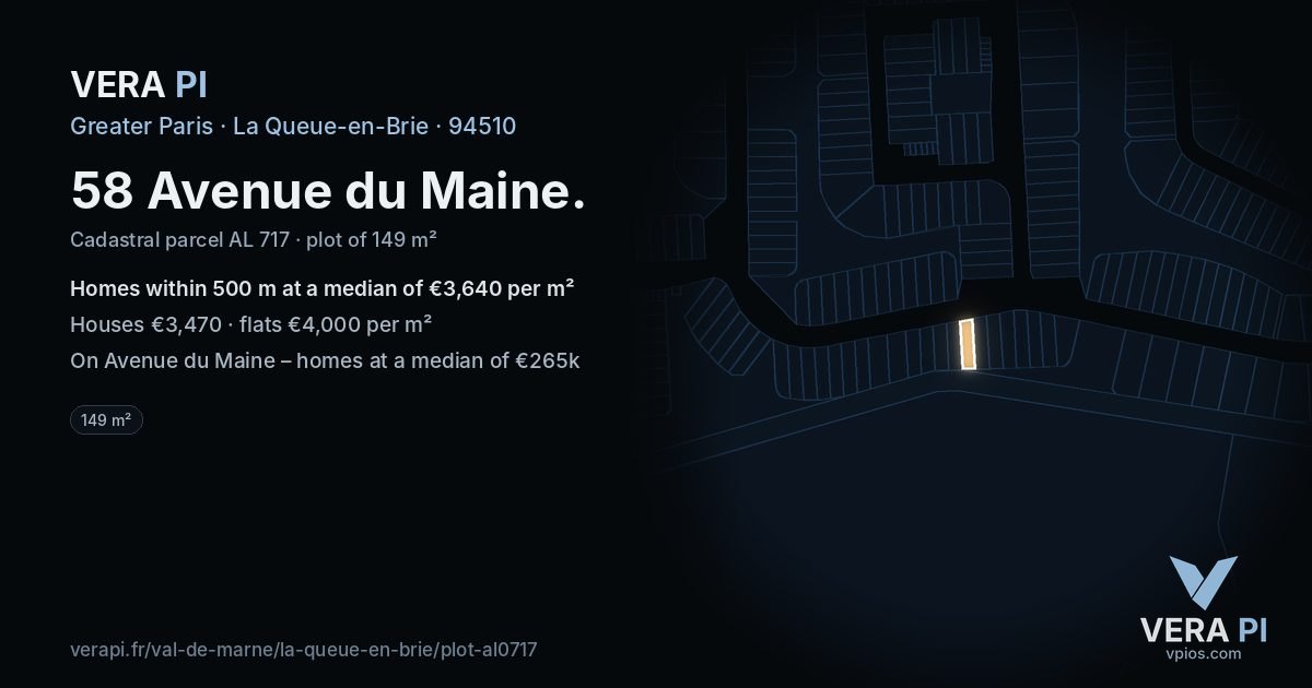 58 Avenue du Maine, La Queue-en-Brie at night – the plot lit, the parcels around coloured by the prices near them