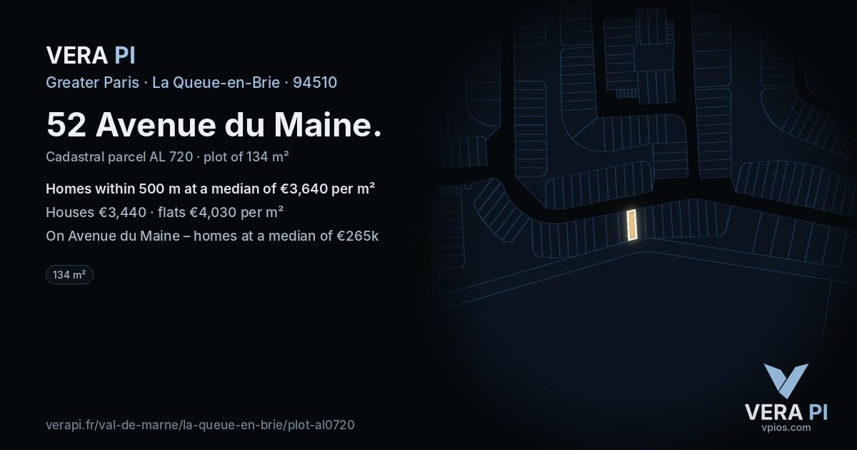 52 Avenue du Maine, La Queue-en-Brie at night – the plot lit, the parcels around coloured by the prices near them