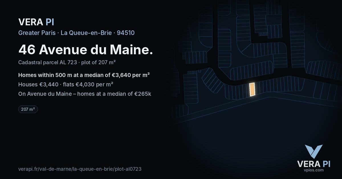46 Avenue du Maine, La Queue-en-Brie at night – the plot lit, the parcels around coloured by the prices near them