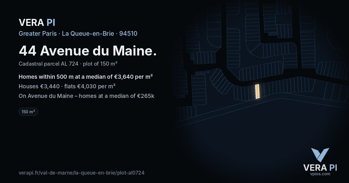 44 Avenue du Maine, La Queue-en-Brie at night – the plot lit, the parcels around coloured by the prices near them