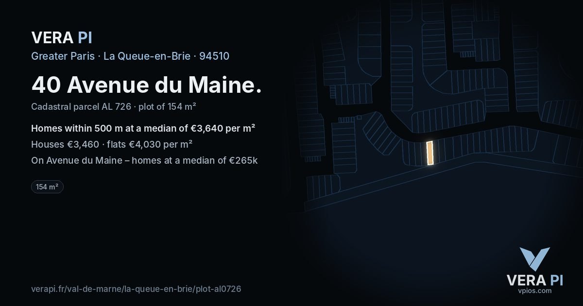40 Avenue du Maine, La Queue-en-Brie at night – the plot lit, the parcels around coloured by the prices near them