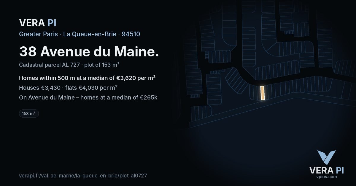 38 Avenue du Maine, La Queue-en-Brie at night – the plot lit, the parcels around coloured by the prices near them