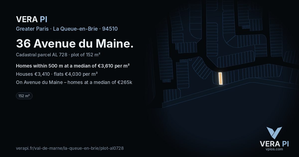 36 Avenue du Maine, La Queue-en-Brie at night – the plot lit, the parcels around coloured by the prices near them